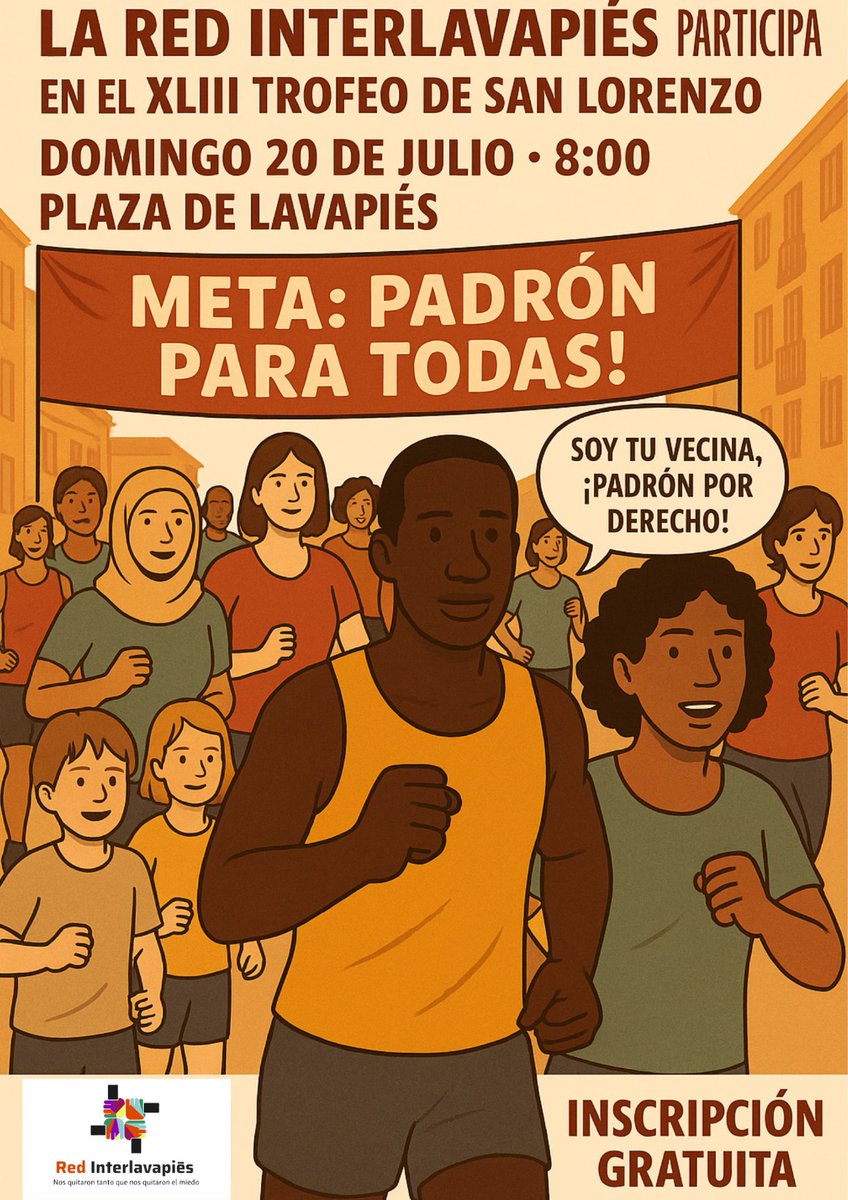 🔊 En Madrid, si no tienes padrón, no existes: se te niega el médico, el cole, los papeles y la ayuda social.

➡ El empadronamiento es un derecho, no un premio.

👟Este domingo, lo gritamos en la calle corriendo en el #XLIIITrofeoSanLorenzo.

📍Plaza de Lavapiés – 20 Jul – 8 h