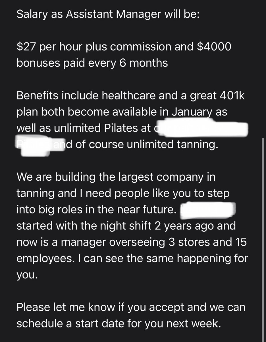 TheSalonDon's tweet image. This style of hard sell job offer works well for startups but never works for me
This person declined the offer yet whenever I say
“salary is $25 per hour let me know by EOD”
They accept
I think tanning salon workers are scared of having any expectations