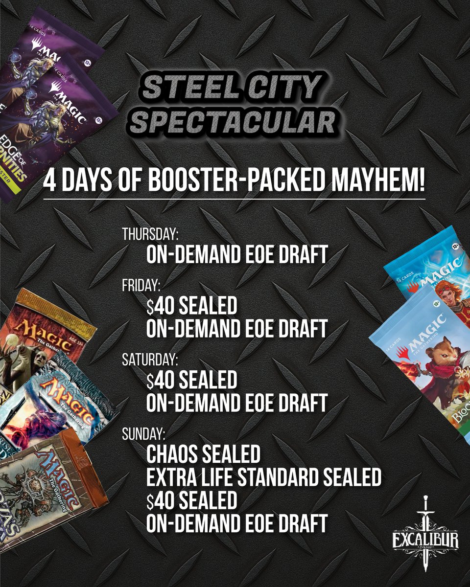 ExcaliburMTG's tweet image. 4 PACKED DAYS of Draft and Sealed await at Steel City Spectacular!
There’s something for every Limited lover August 14–17th. Step into the pod, crack some packs, and let the cards carry you to glory!
excaliburevents.net
#steelcityspectacular #mtg #draft #limitedmtg…