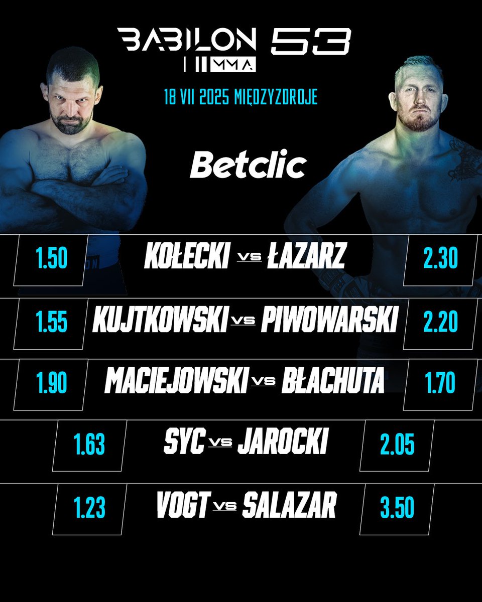 Kursy na Babilon MMA 53 w Międzyzdrojach znajdziecie na dwóch stronach:
☑️ Superbet
☑️ Betclic
#BabilonMMA #BabilonMMA53