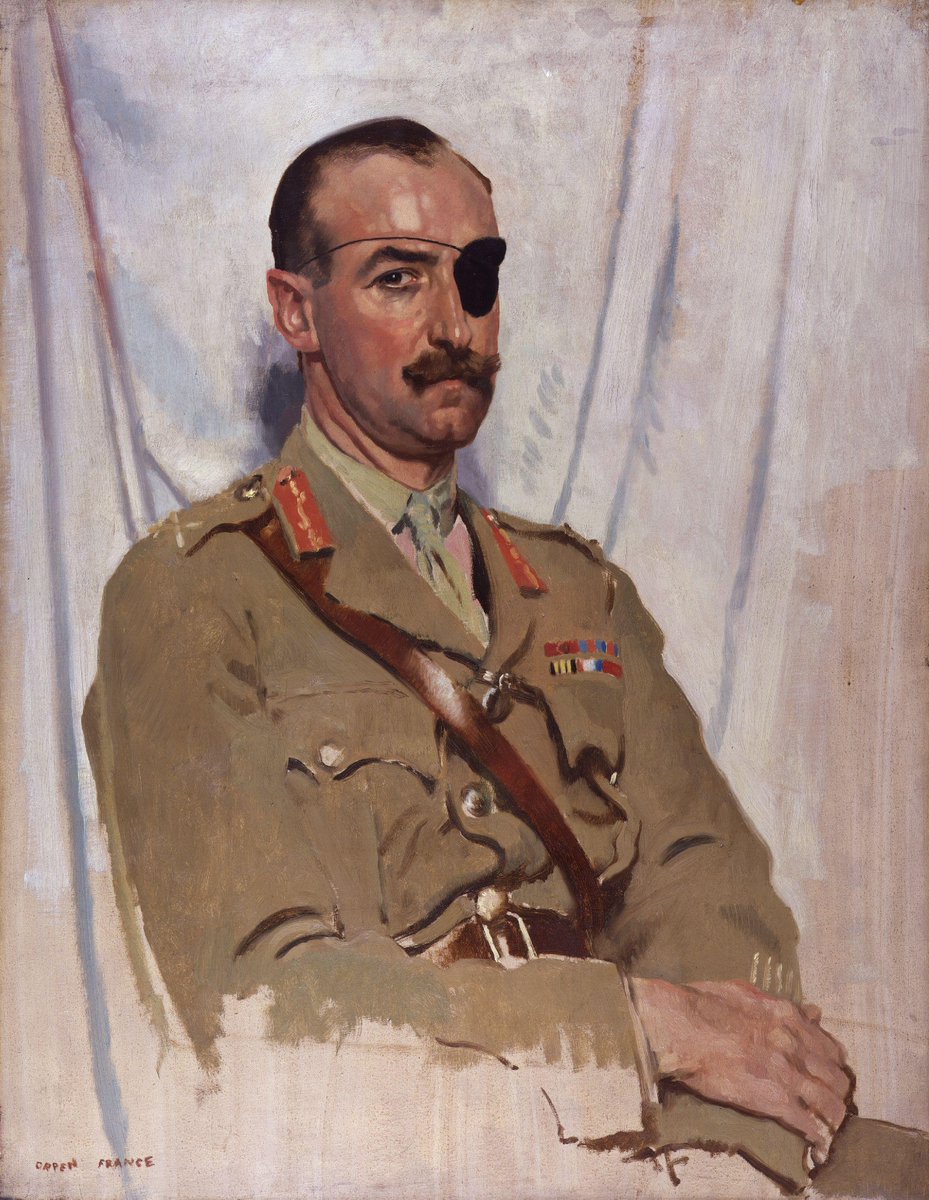 1/2🧵Adrian Carton de Wiart started #WW1 in Somalia. On Western Front lost left hand in 1915, pulling off fingers when doctor refused. Shot in skull &amp; ankle at Somme, hip at Passchendaele, the leg at Cambrai, and the ear at Arras. Jul 18 1918 promoted to Major in Dragoon Guards