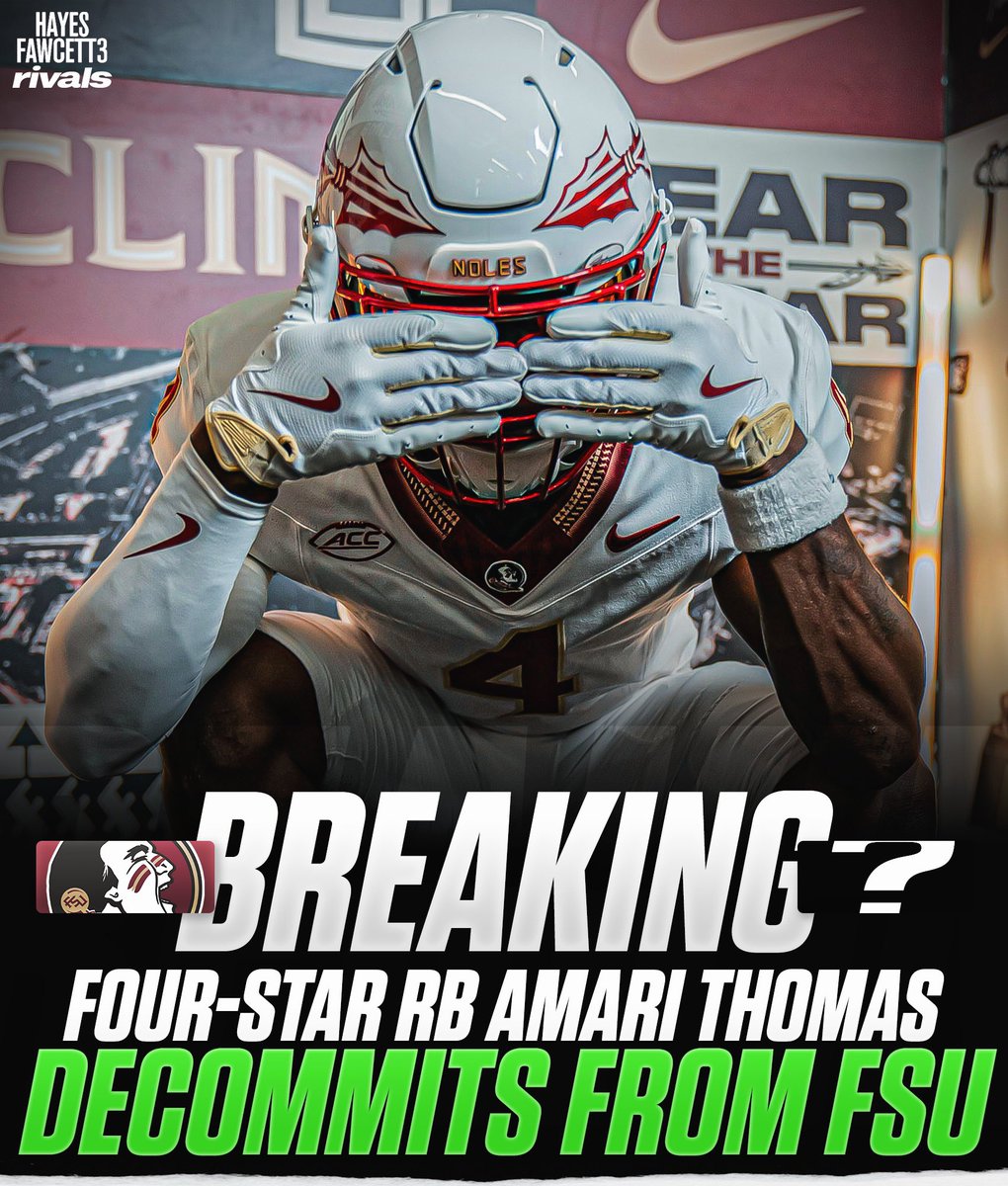 Hayesfawcett3's tweet image. BREAKING: Four-Star RB Amari Thomas has Decommitted from Florida State, he tells me for @rivals
The 5’11 193 RB from Marianna, FL had been Committed to the Seminoles since January
He currently holds a total of 28 Offers
on3.com/rivals/news/ri…