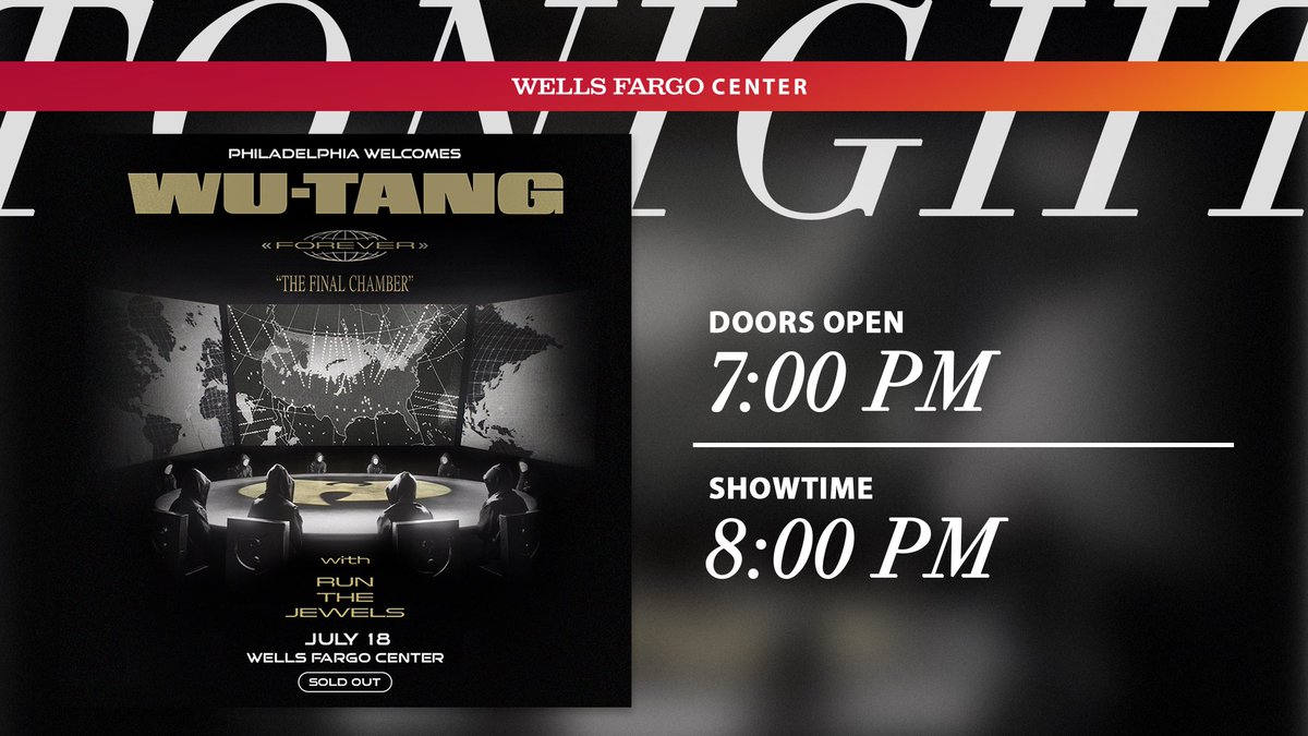 Wells Fargo Center (@wellsfargoctr) on Twitter photo 𝙆𝙣𝙤𝙬 𝘽𝙚𝙛𝙤𝙧𝙚 𝙔𝙤𝙪 𝙂𝙤: <a href="/WuTangClan/">Wu Tang Clan</a> 👐
East Food Hall & Bar - 6:00PM
All Doors - 7:00PM
Showtime - 8:00PM
Due to the Phillies game at 6:45, there will be heavy traffic in the sports complex. Please allow extra time to get to the venue. 𝙆𝙣𝙤𝙬 𝘽𝙚𝙛𝙤𝙧𝙚 𝙔𝙤𝙪 𝙂𝙤: <a href="/WuTangClan/">Wu Tang Clan</a> 👐
East Food Hall & Bar - 6:00PM
All Doors - 7:00PM
Showtime - 8:00PM
Due to the Phillies game at 6:45, there will be heavy traffic in the sports complex. Please allow extra time to get to the venue.