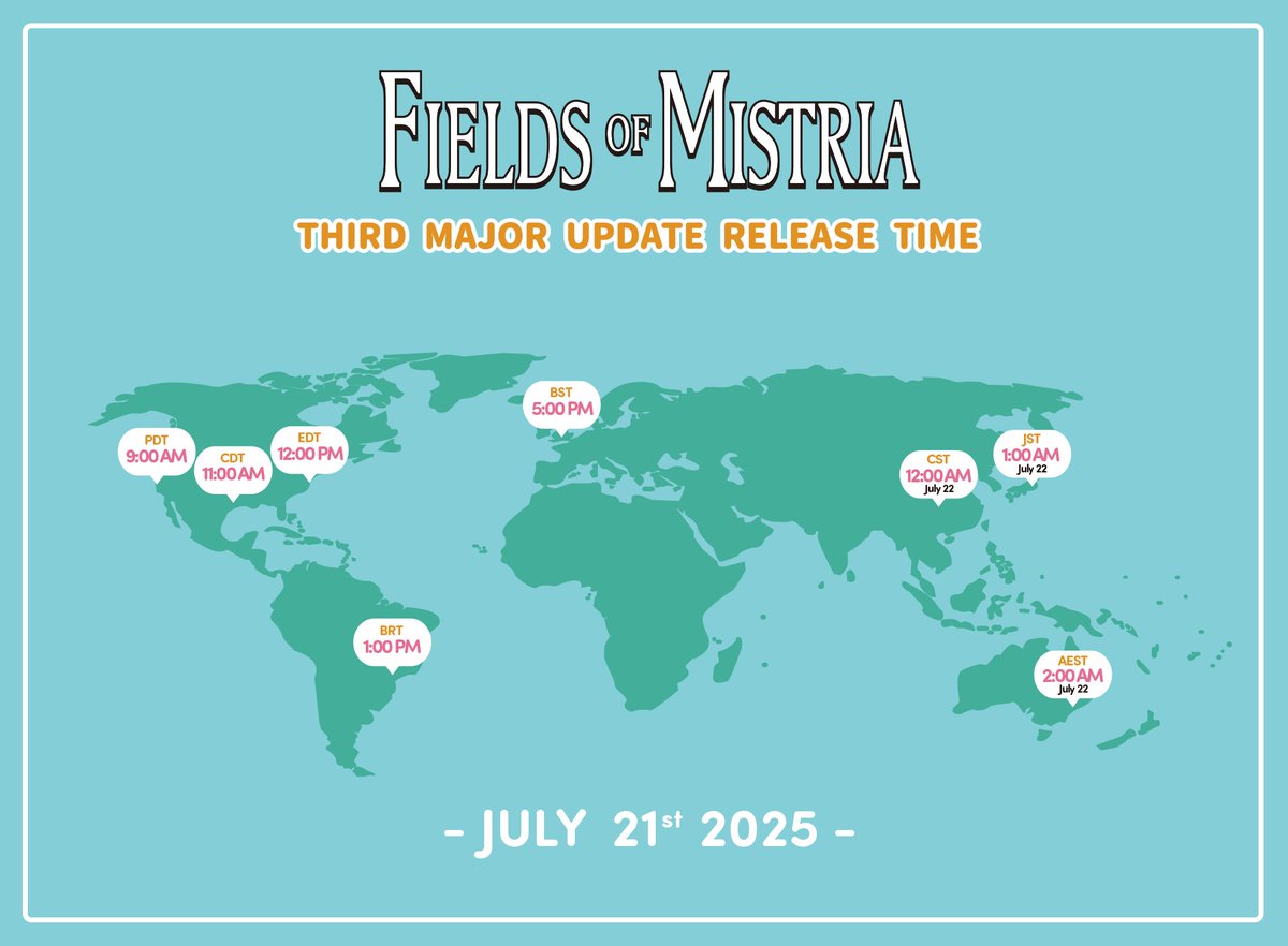 FieldsofMistria's tweet image. The wait is almost over! 🎉 Fields of Mistria's 3rd Major Update launches on July 21st. Check out the graphic below to see what time it launches in your region ⏳✨