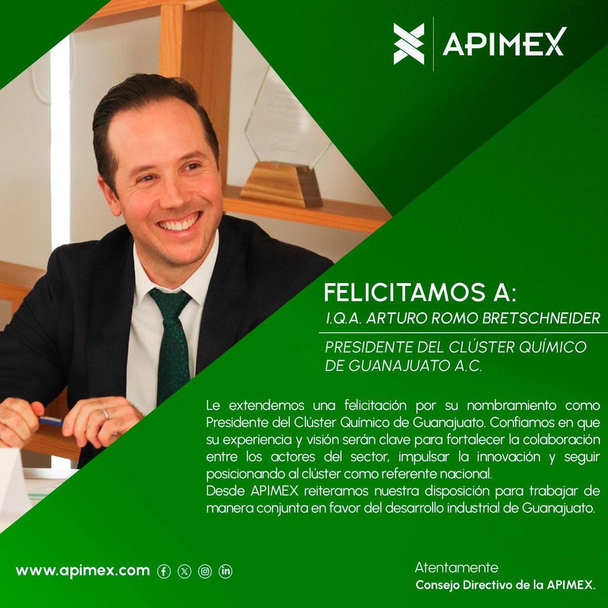 APIMEX (@apimex_org) on Twitter photo Desde APIMEX celebramos el inicio de una nueva etapa para el <a href="/ClusterQuimico/">Clúster Químico Guanajuato</a> con la presidencia del I.Q.A. Arturo Romo Bretschneider. 🙌
¡Seguimos construyendo industria en equipo! 🤝 Desde APIMEX celebramos el inicio de una nueva etapa para el <a href="/ClusterQuimico/">Clúster Químico Guanajuato</a> con la presidencia del I.Q.A. Arturo Romo Bretschneider. 🙌
¡Seguimos construyendo industria en equipo! 🤝