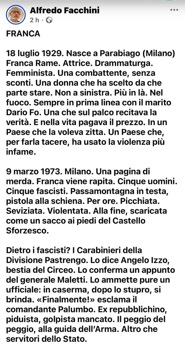 streetcnina's tweet image. FRANCA
18 luglio 1929. Nasce a Parabiago (Milano) Franca Rame.
Attrice. Drammaturga. Femminista. Una combattente, senza sconti.
Una donna che ha scelto da che parte stare. Non a sinistra. Più in là. Nel fuoco.
#FrancaRame