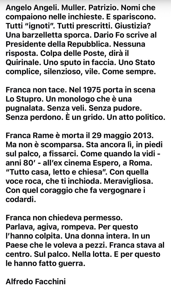streetcnina's tweet image. FRANCA
18 luglio 1929. Nasce a Parabiago (Milano) Franca Rame.
Attrice. Drammaturga. Femminista. Una combattente, senza sconti.
Una donna che ha scelto da che parte stare. Non a sinistra. Più in là. Nel fuoco.
#FrancaRame