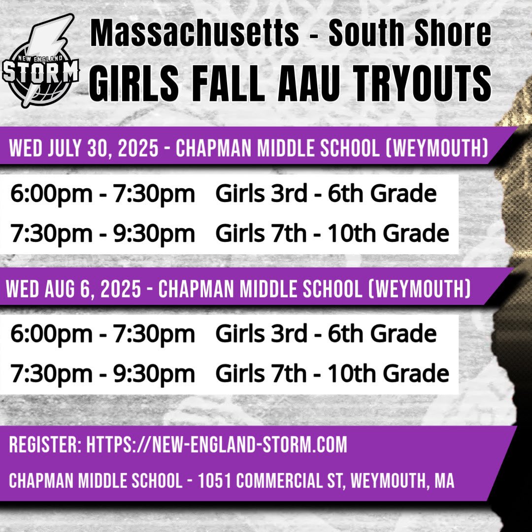 🚨 NE Storm Fall AAU tryouts are LIVE
Coming off an exciting spring, another great season awaits with elite coaching and top level teams and comp
MA- registration.teamsnap.com/form/33062
NH-  registration.teamsnap.com/form/33076
SS-  registration.teamsnap.com/form/33067

Visit New-England-Storm.com for more