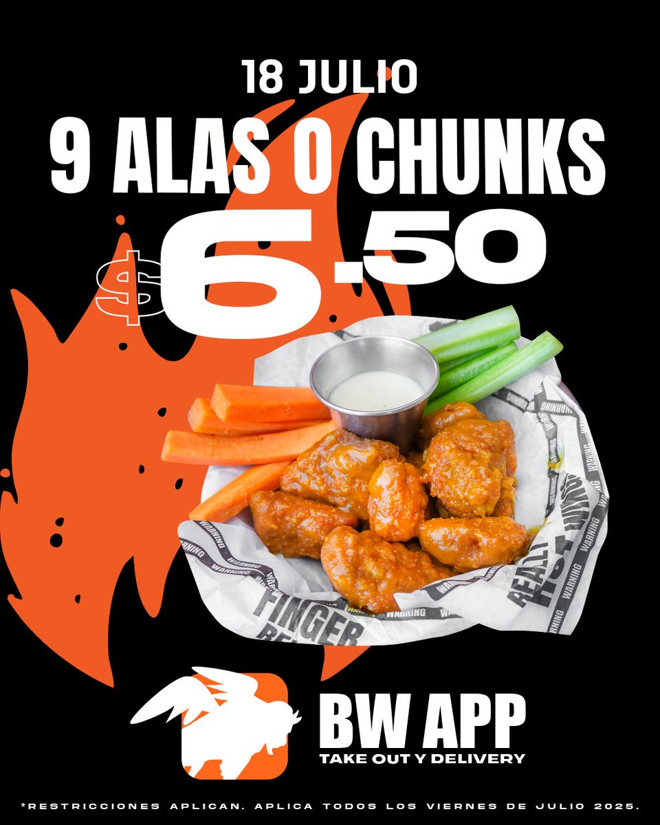 Hoy, 18 de julio, 9 alas ó chunks $6.50 al pedir a través de nuestra APP 📲 No te quedes con el antojo 🤪 Aplica para domicilio ó para llevar.