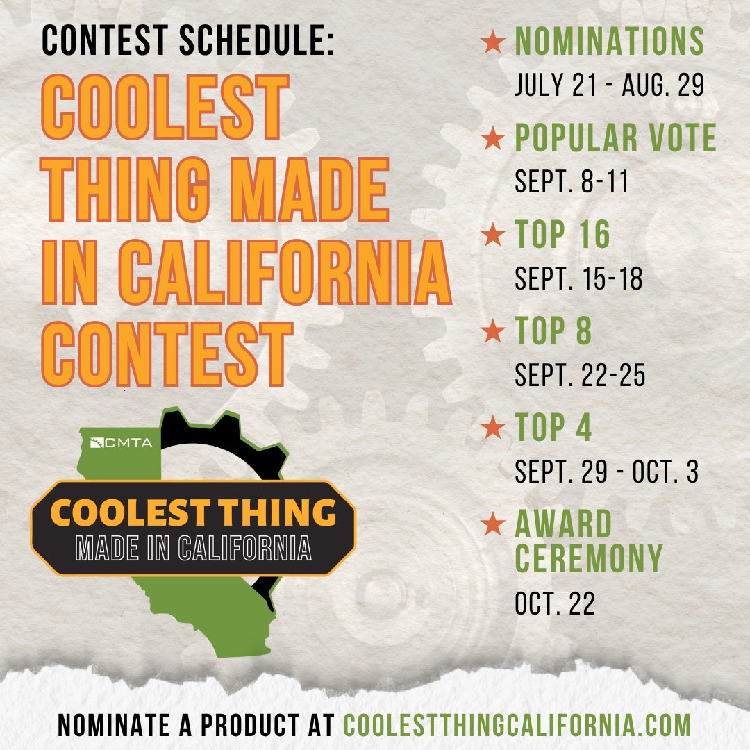 cmta's tweet image. 📅 It’s time to mark your calendars! The Coolest Thing Made in California contest is back, and nominations kick off Monday, July 21.
From cutting-edge tech to everyday game-changers, we can't wait to see what you submit. Visit hubs.li/Q03xN8R20 to learn more!