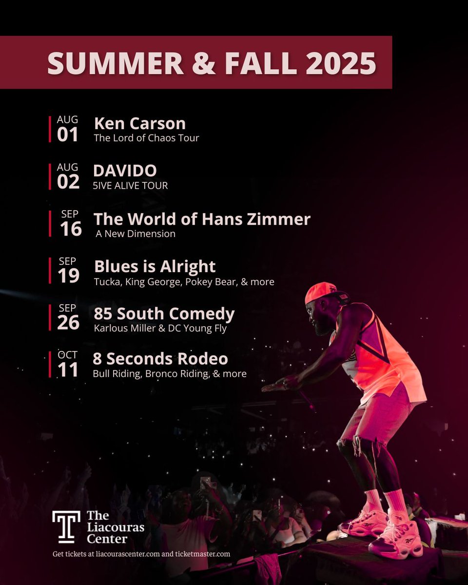 Your late summer lineup is here ☀️

We've got Rap, Afrobeats, Blues, Orchestra, and so much more coming at you this season! Head to liacourascenter.com for tickets and more 🎟️

What will you be joining us for?