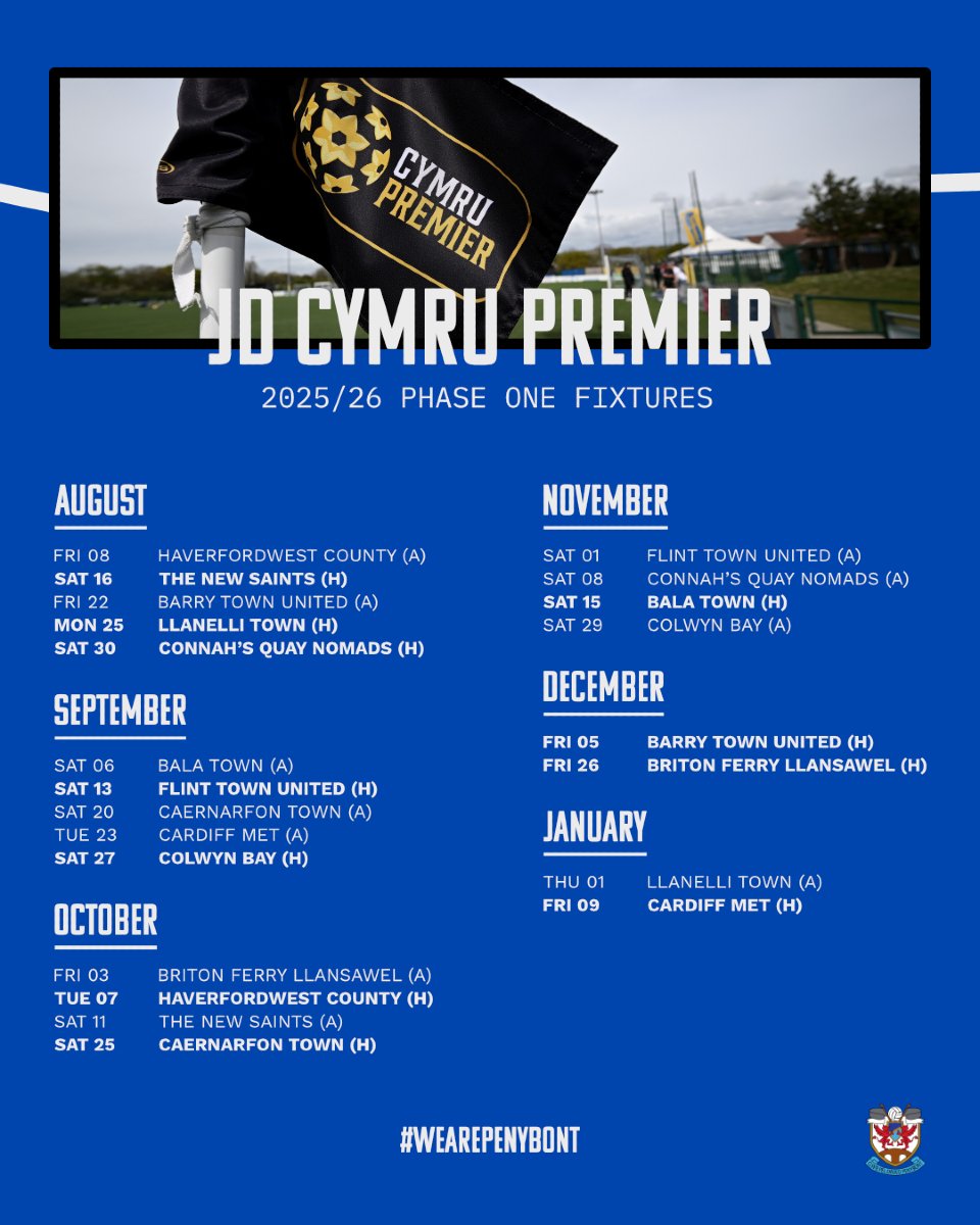 PenybontFC_'s tweet image. In case you missed it during the excitement of Europe, here&apos;s our schedule for the 2025/26 season. 📆

We kick off with a trip down west to take on Haverfordwest before welcoming The New Saints to the DragonBet Stadium a week later.

Season tickets are still available 👉…