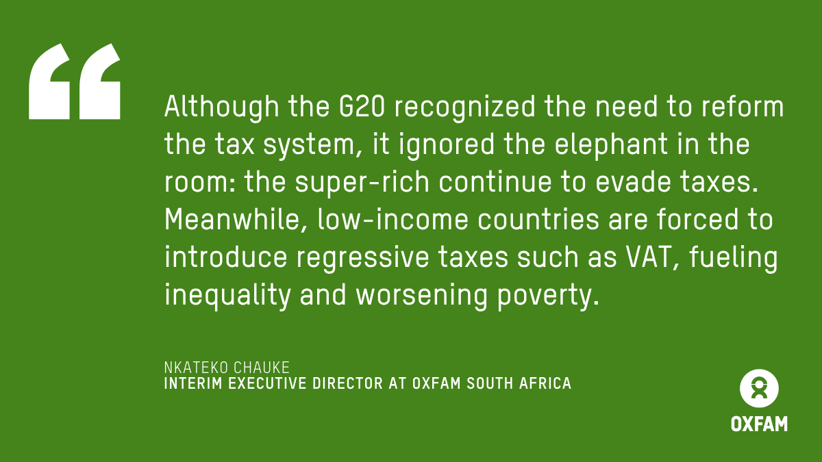 newsfromoxfam's tweet image. The @G20 ignored the elephant in the room during #G20SouthAfrica: the super-rich continue to evade taxes while poorer countries are forced to raise revenue through regressive measures like VAT, fueling inequality.
Full reaction 👉🏿oxf.am/3G20FinMinSA
#G20SA
#TaxTheRich