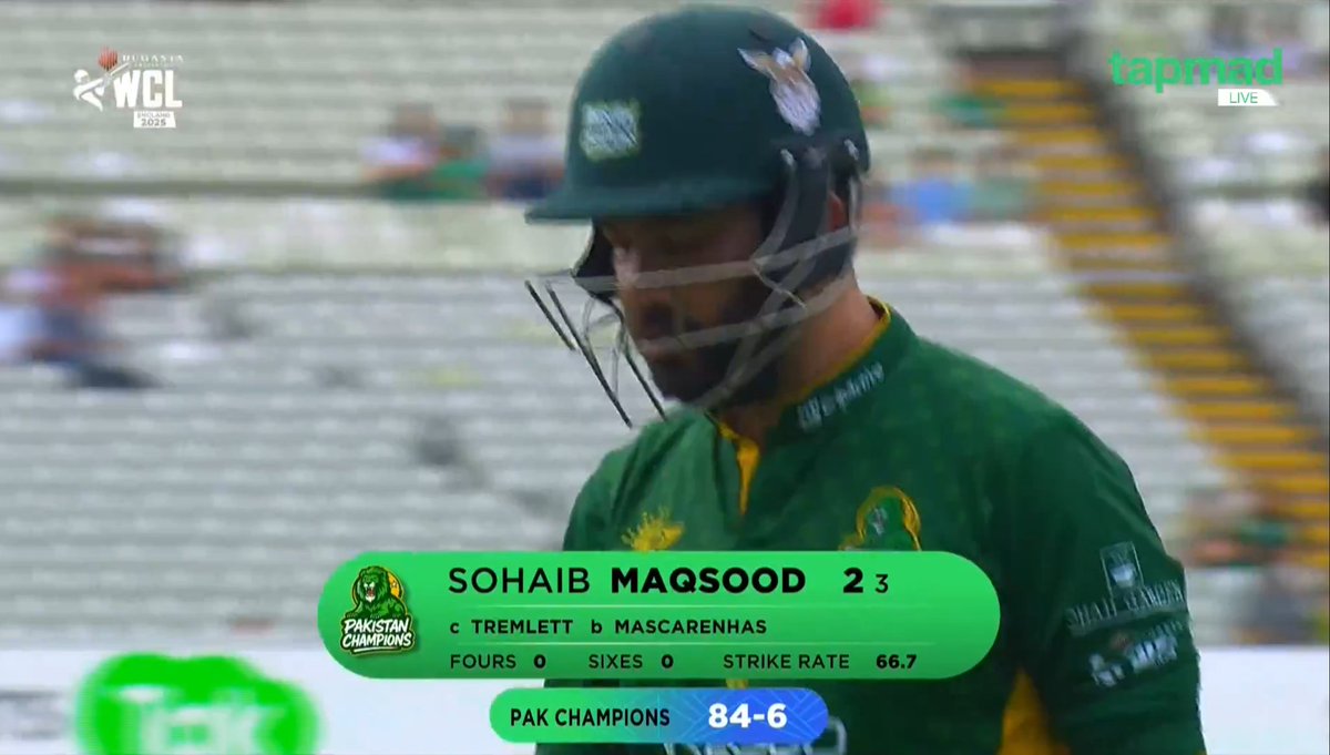 HaroonSandhu39's tweet photo. Sohaib Maqsood is out for just 2 runs. Pakistan Champions in tatters at 84/6 🇵🇰💔 #tapmad #WCL25 https://t.co/5robxcrRV4