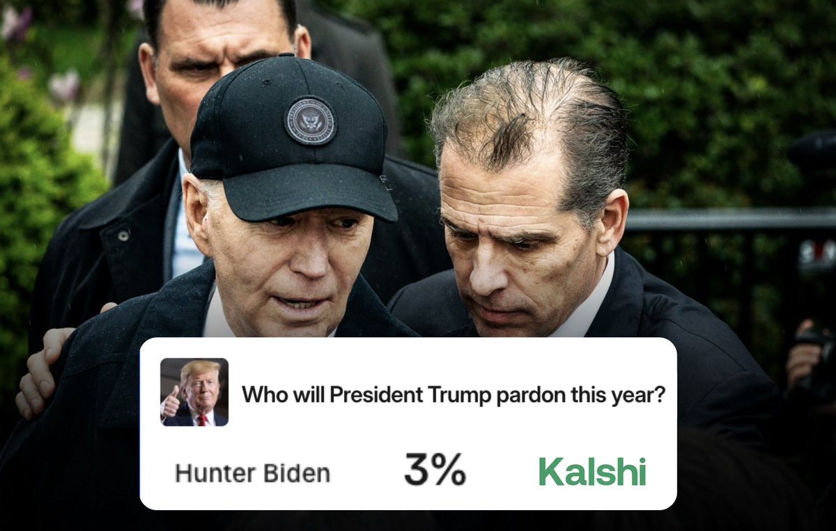 Kalshi's tweet image. JUST IN: Hunter Biden says his father Joe Biden would have won re-election if Democrats had not ‘melted down’ and ‘remained loyal’
3% chance Hunter is pardoned this year