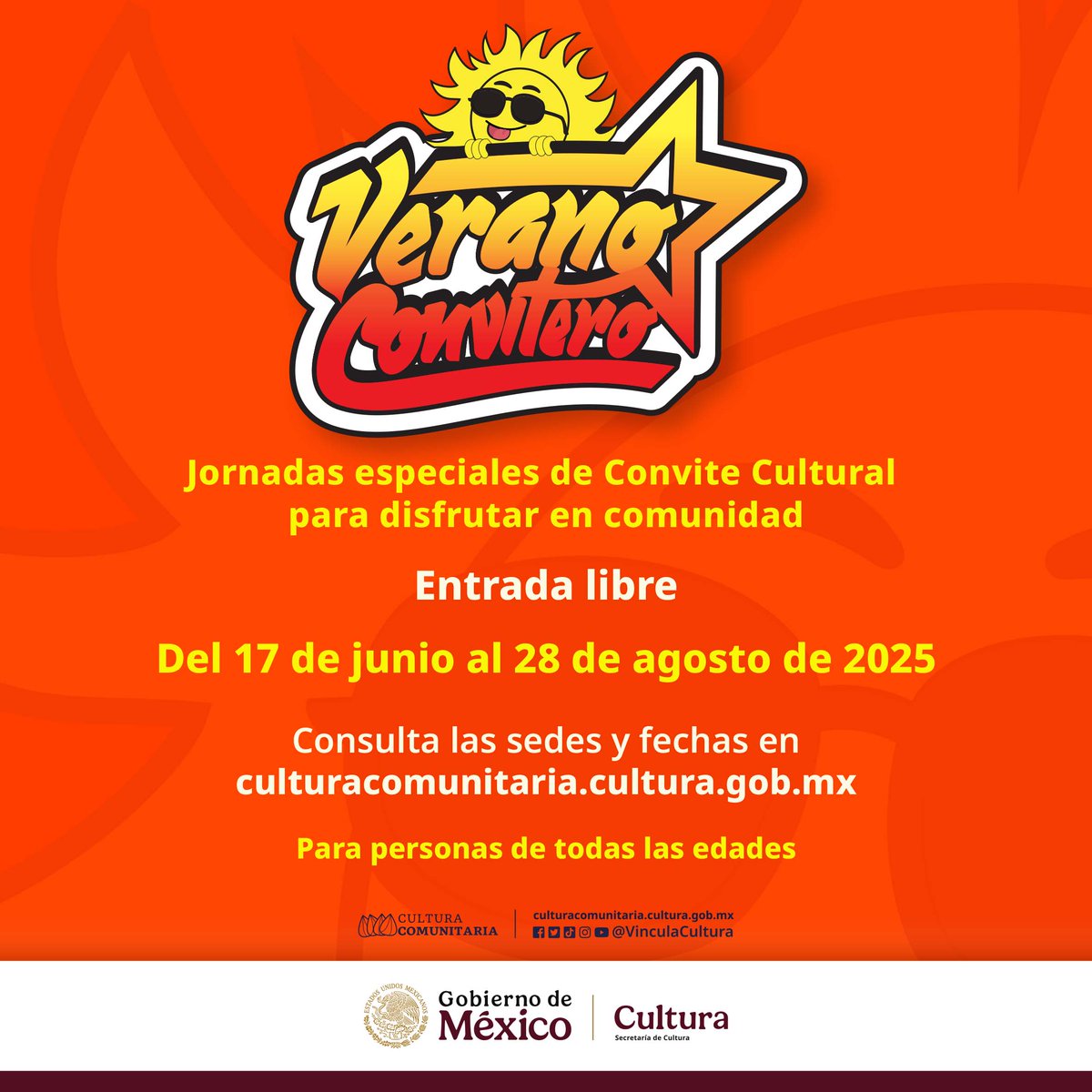 ¡Hoy es viernes con “V” de #VeranoConvitero!☀️🎨🎭🎪

Disfruta de esta temporada en comunidad con las actividades artísticas, lúdicas y culturales que preparamos para estas jornadas especiales de #ConviteCultural 👉🏽 bit.ly/VeranoConviter….

#CulturaComunitaria