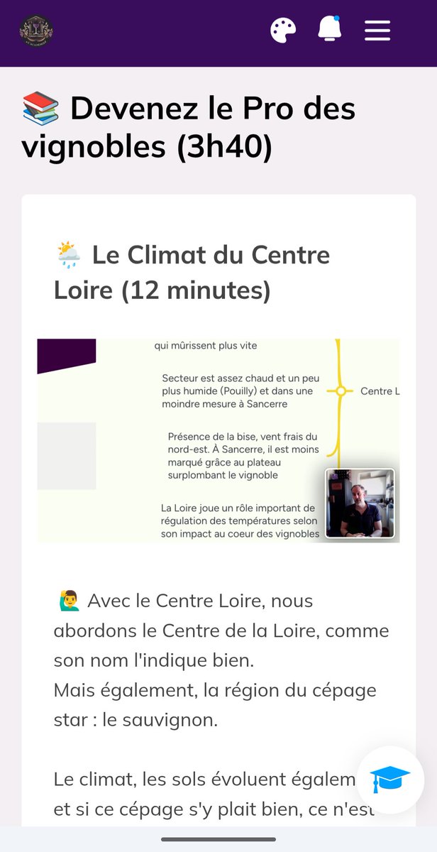 De nouveaux chapitres ajoutés au programme de l'Académie !
Le vignoble de Centre Loire avec 5 vidéos et 45 minutes
Cartes Mentales, fichiers PDF, vous maîtriserez toute cette région
L'Académie est le + dense programme en ligne du monde, pour devenir pro
emmanueldelmas.com