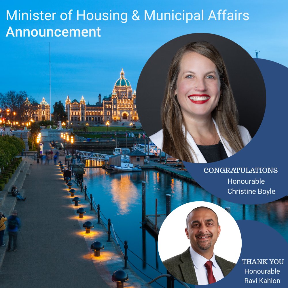 ULIBC's tweet image. Congrats to Hon. @christineboyle on her appointment as BC’s new Minister of Housing & Municipal Affairs! Thanks Hon. @KahlonRav, who spoke to ULI BC multiple times to date. We look fwd to supporting the continued focus on housing supply, affordability, & partnerships.