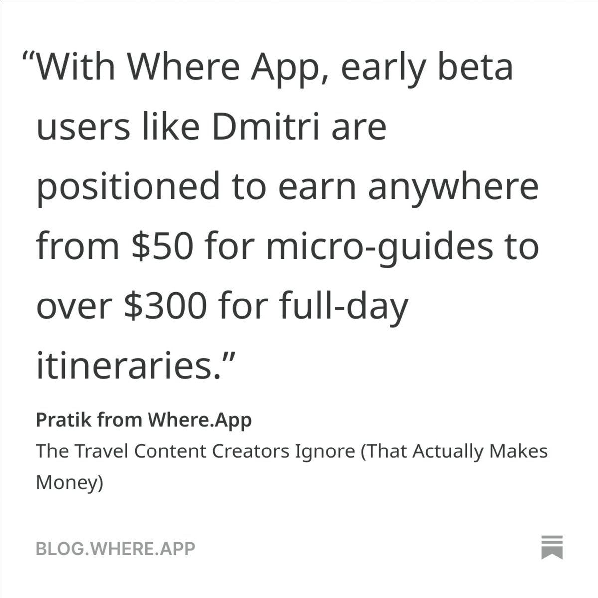 pratik_whereapp's tweet image. New newsletter out at open.substack.com/pub/whereapp/p…!

Discover how users like Dmitri can earn anywhere from $50 to over $300 by tracking local guides and monetizing them on where.app.

#travel #TravelBlog #TravelTown #buildinpublic