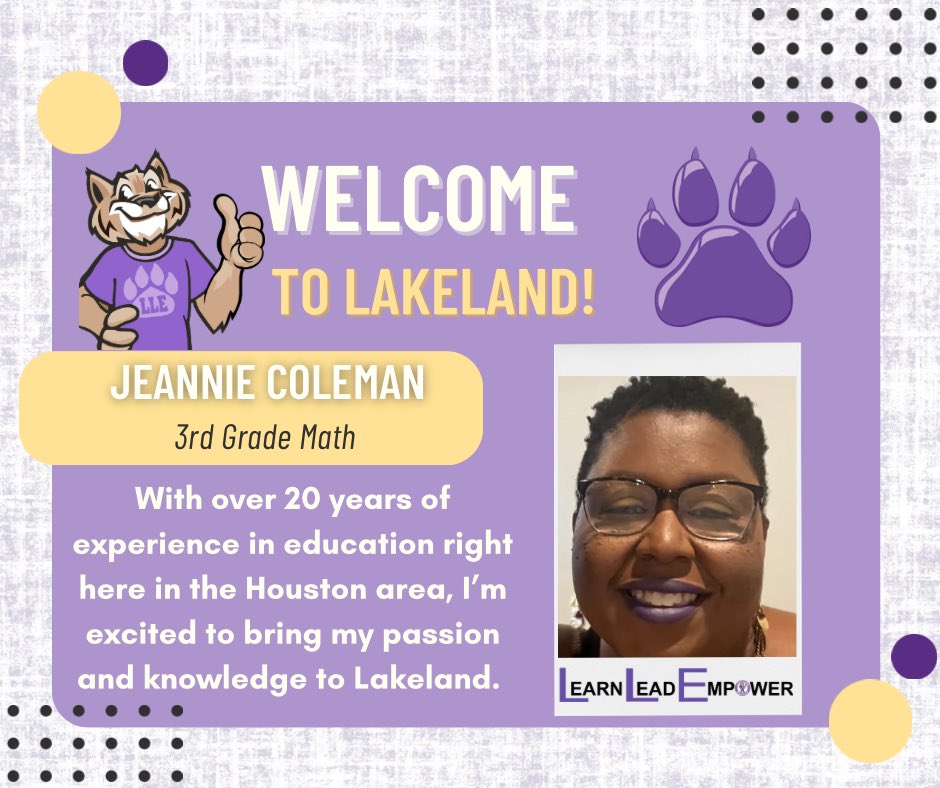 Lakeland Elementary (@humbleisd_lle) on Twitter photo Join us in welcoming Jeannie Coleman to the Lakeland Wildcats team! We’re so excited to have Mrs. Coleman on board and can’t wait for the amazing things this school year will bring!🐾💜 #WildcatProud <a href="/HumbleISD_LLE/">Lakeland Elementary</a> <a href="/ArmyAg86/">Patrick Andrus</a> Join us in welcoming Jeannie Coleman to the Lakeland Wildcats team! We’re so excited to have Mrs. Coleman on board and can’t wait for the amazing things this school year will bring!🐾💜 #WildcatProud <a href="/HumbleISD_LLE/">Lakeland Elementary</a> <a href="/ArmyAg86/">Patrick Andrus</a>