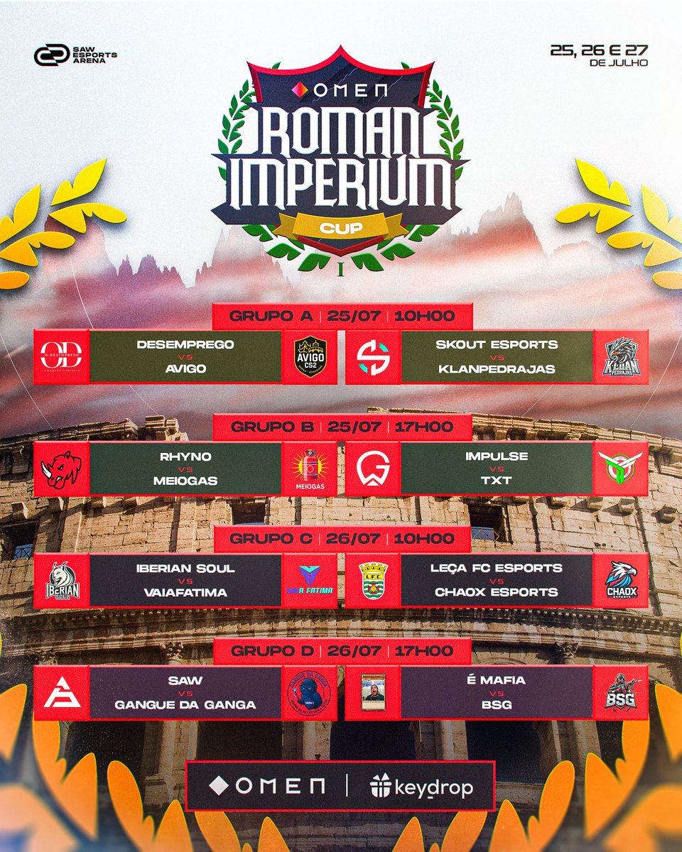 Os primeiros jogos do OMEN ROMAN IMPERIUM Cup I já estão decididos! 

Podem acompanhar tudo na minha stream ou na SAW Esports Arena, entrada gratuita, apareçam 😉