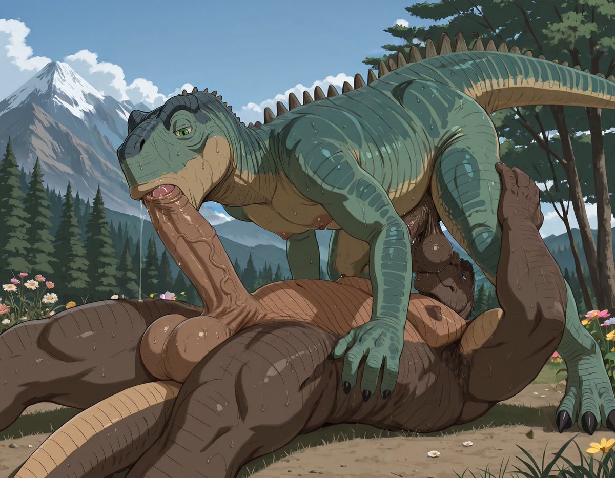 booster_rex's tweet image. kron &amp;amp; aladar ( Dinosaur (2000 film) )  #AI #AIArtwork #furryart #nsfwtw #fanart #male #penis