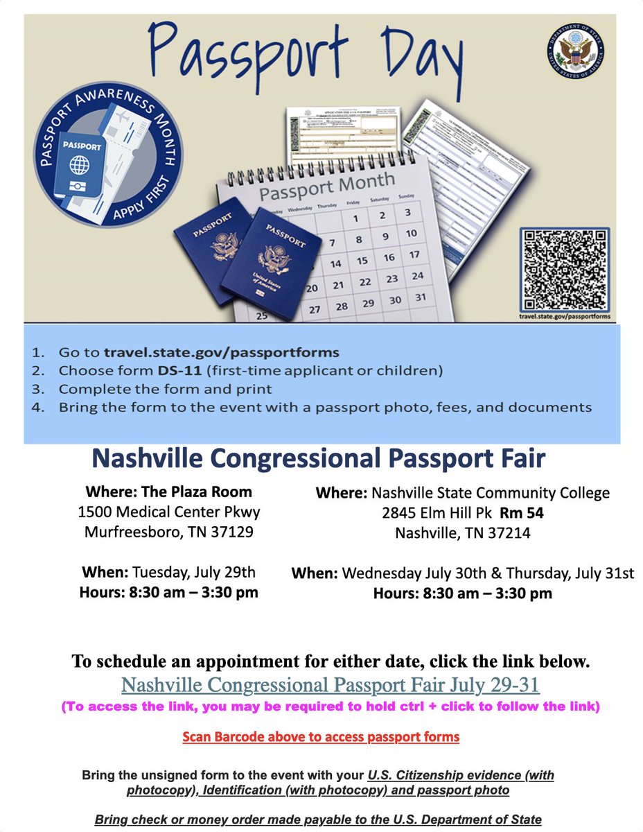 RepOgles's tweet image. Have you been thinking about applying for a passport?
Wait no longer—my staff is assisting with the Nashville Congressional Passport Fair, where you can bring your completed application in person!
See below for all the details and to schedule your appointment.👇