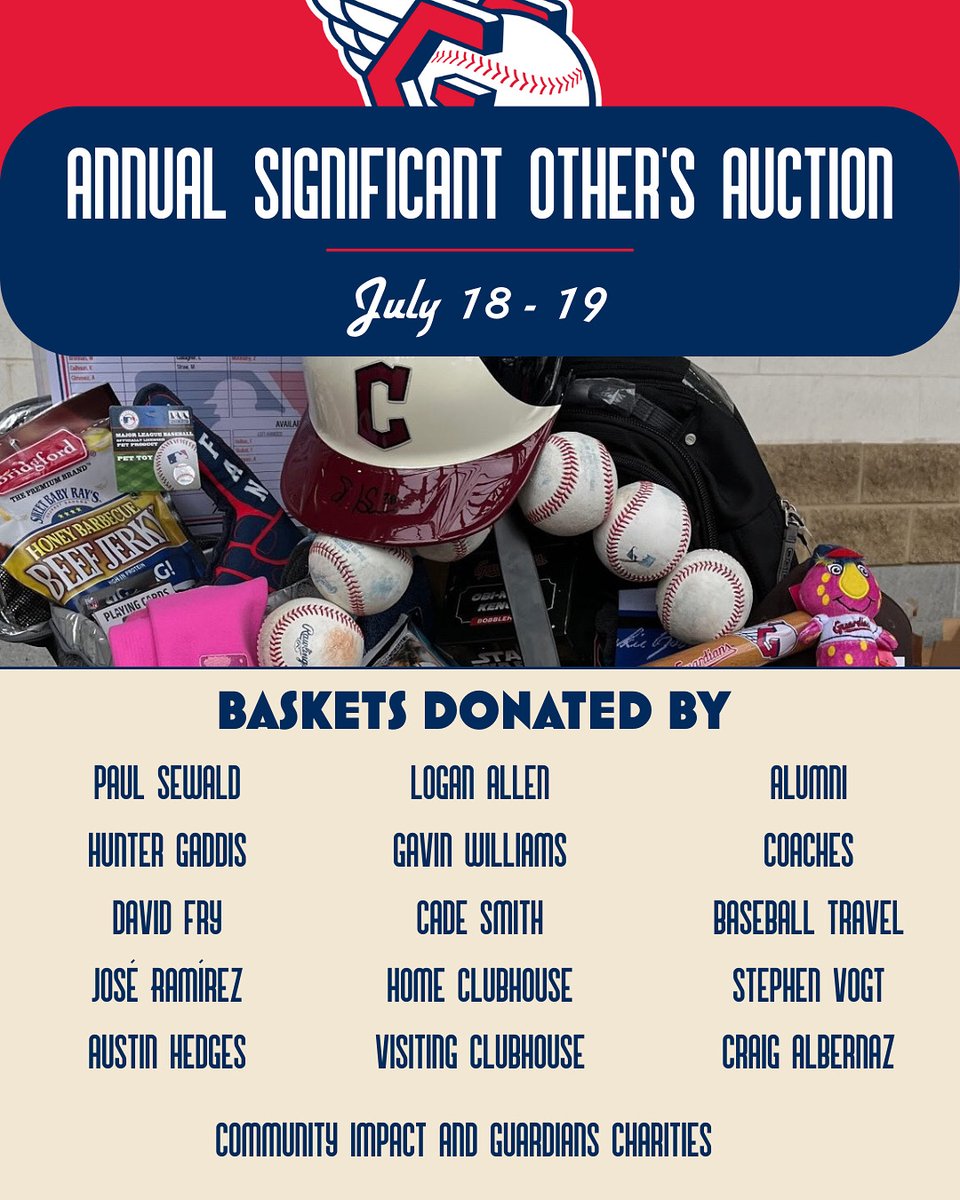 CLEInspires's tweet image. This weekend is the Significant Others Auction! Join us to bid on baskets of our players favorite things out together by their partners. All proceeds will benefit Cleveland Guardians Charities.
We will be outside section 158 from gates to the middle of the 6th inning!