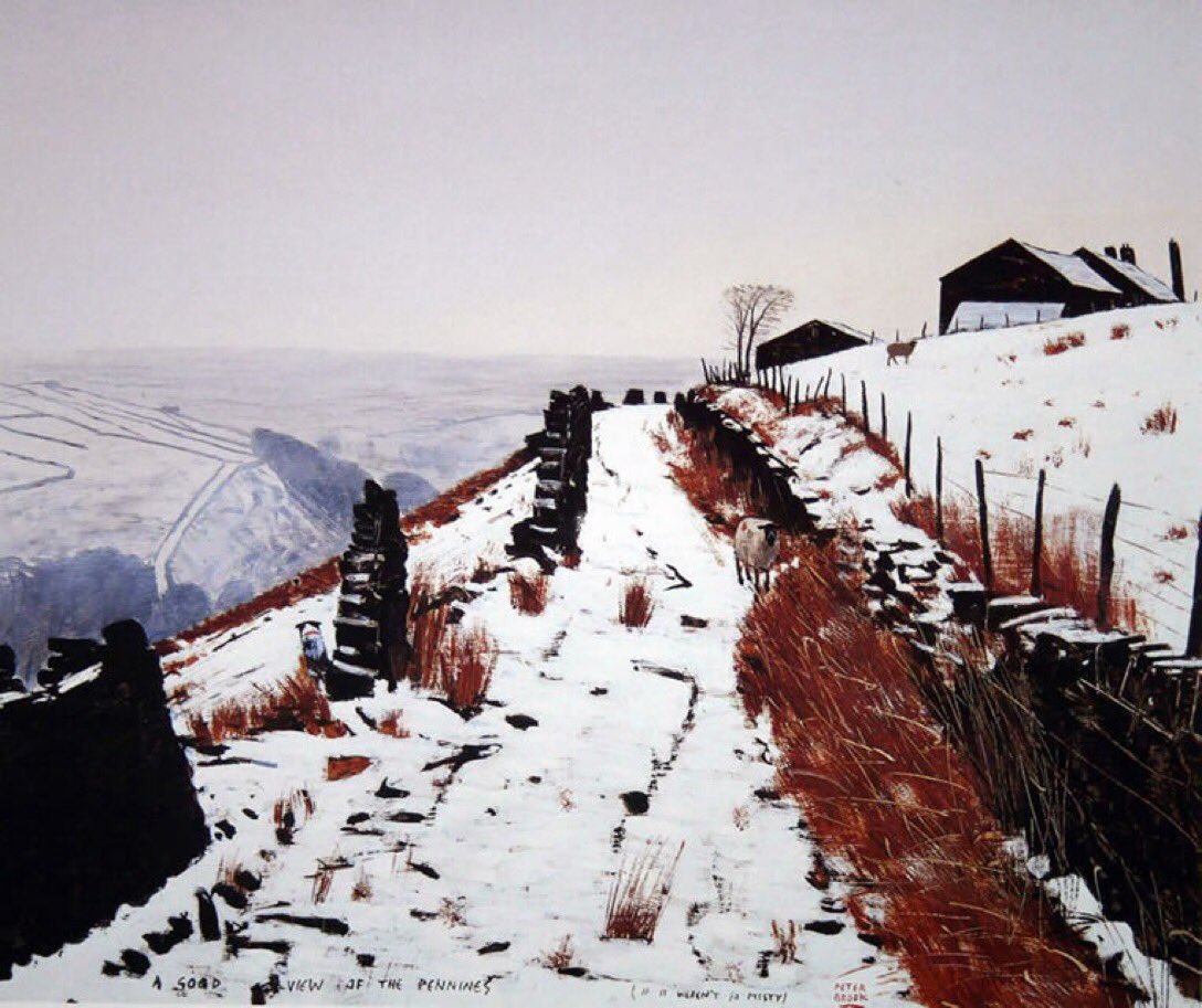 PennineThe's tweet image. The moors above Crimsworth Dean near Hebden Bridge with their abandoned farmhouses were one of Peter Brook’s favourite locations and the subject of many of his paintings, portrayed in a variety of weather conditions as in ‘A Good View of the Pennines (if it weren’t so misty)’.