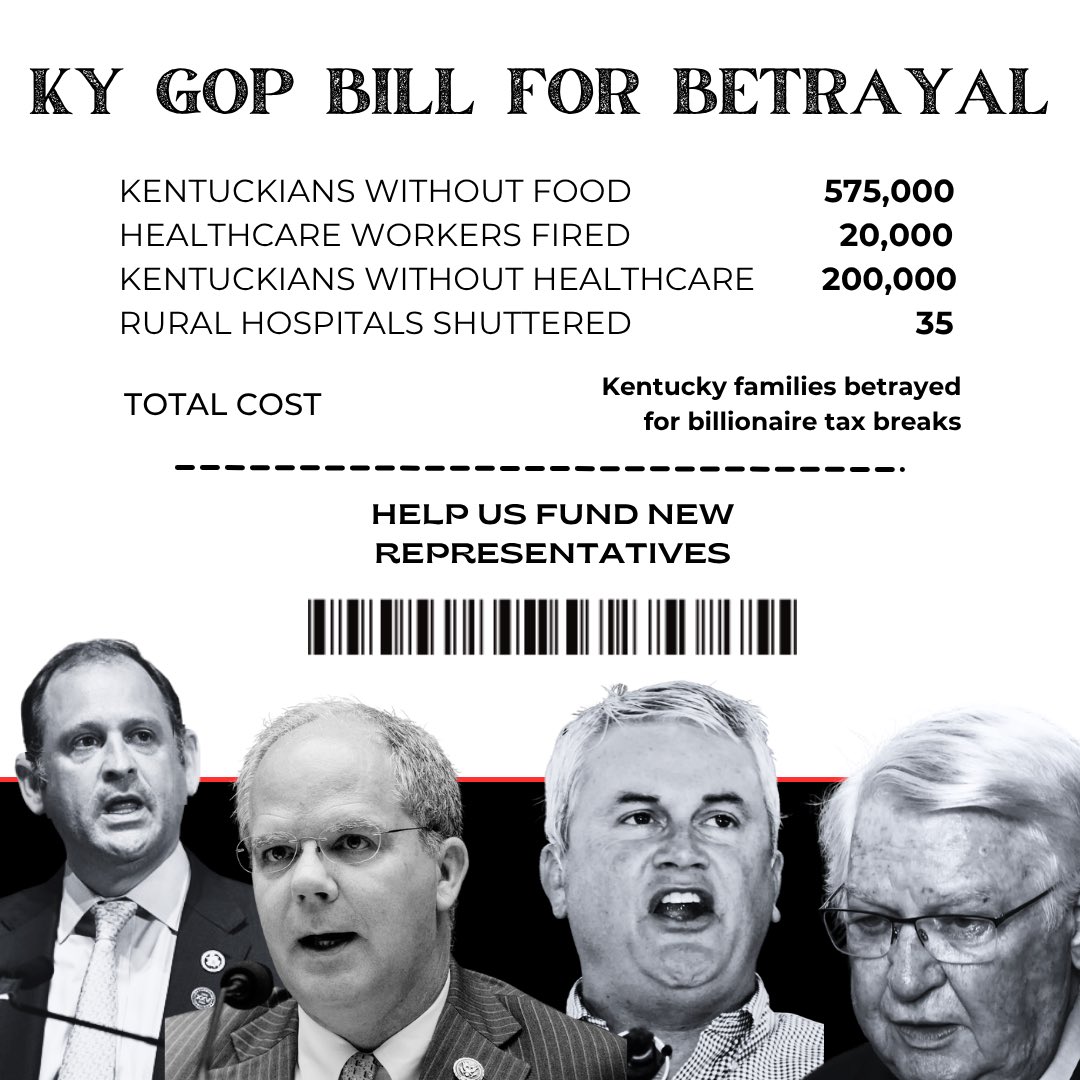 KyDems's tweet image. Your @KYGOP congressional delegation at work, folks. Hundreds of thousands of Kentuckians betrayed for billionaire tax breaks.
Now working Kentuckians have to foot the bill so the ultra-wealthy can buy more tanning beds.