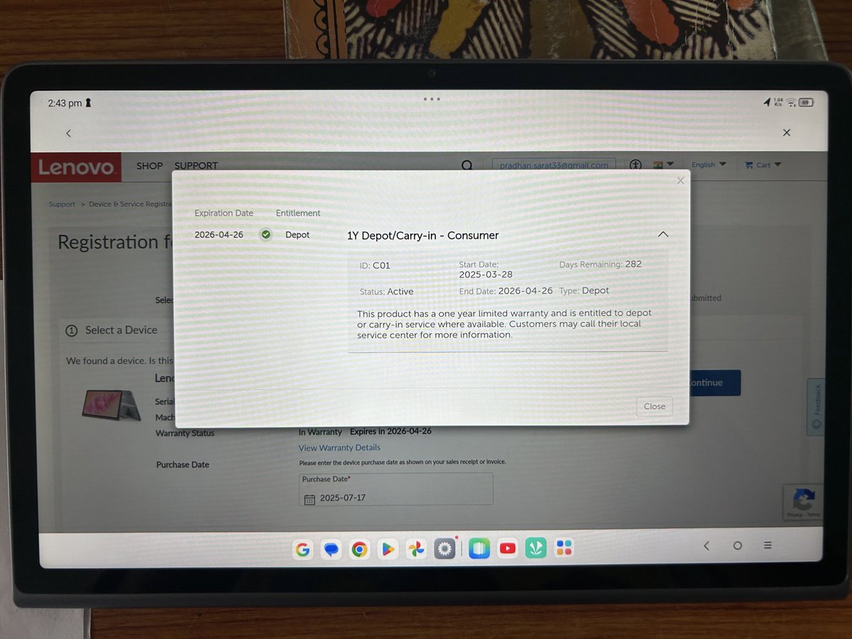 SARATKINA's tweet photo. Miracle!!!! I bought a @Lenovo_in tablet plus from @Flipkart on #flipkartgoatsale which was delivered on 18.07.2025 and when I was trying to register for warranty, found that it was already done on 28.03.2025!😀😀😀

Shall I go to dist. consumer forum?
@flipkartsupport https://t.co/2gK72C8MGY