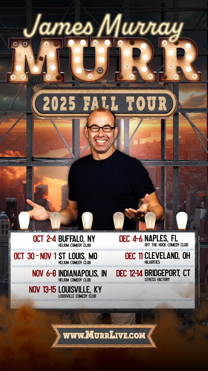 jamessmurray's tweet image. FALL TOUR ANNOUNCEMENT!
I’m so excited to be bringing my solo comedy show to  these great cities this Fall. 

Oct. 2- 4 - Buffalo, NY
Oct. 30 - Nov 1 - St. Louis, MO
Nov. 6-8 - Indianapolis, IN
Nov. 13-15 - Louisville, KY
Dec. 4-6 - Naples, FL
Dec . 11 - Cleveland, OH
Dec. 12-14…