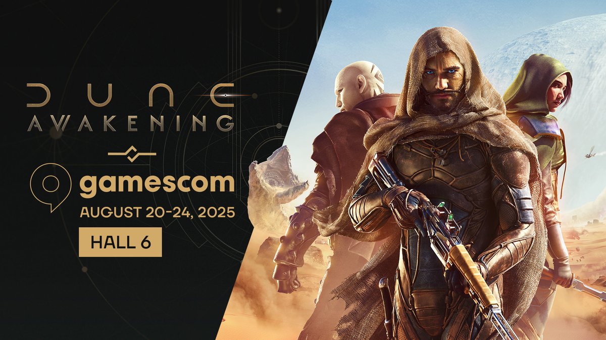 Funcom's tweet image. We&apos;re heading to Cologne again for #gamescom2025! 🇩🇪

We&apos;ll share more details about our #DuneAwakening booth activities soon.

📅 August 20-24, 2025
📍 Hall 6