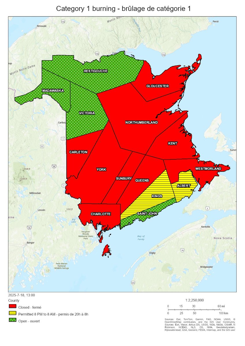NBForestFires's tweet image. Burning conditions are valid from 2 PM July 18 to 2 PM July 19. Between 8 PM and 8 AM burning is permitted in the following counties: Albert, Kings. The following counties are open for burning: Madawaska, Restigouche, Saint John, Victoria. All other counties are closed for…