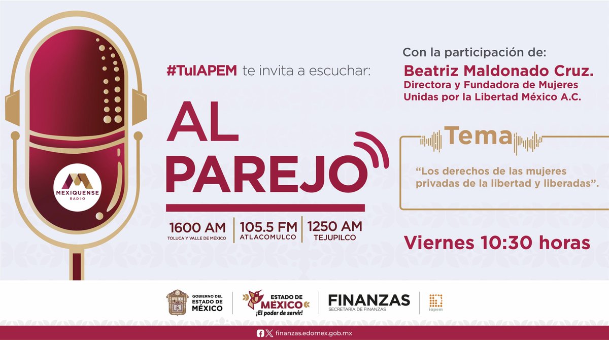 IAPEM (@iapem) on Twitter photo #AlParejo | 🔔 No te pierdas esta interesante conversación con Beatriz Maldonado, directora y fundadora de Mujeres Unidas por la Libertad México A.C.
🎙️¡Estamos al aire!
🔊 Transmisión en <a href="/MexiquenseR/">Mexiquense Radio</a>.
📻 Escúchalo en: acortar.link/GIpAVz
#ElPoderDeServir #AlParejo | 🔔 No te pierdas esta interesante conversación con Beatriz Maldonado, directora y fundadora de Mujeres Unidas por la Libertad México A.C.
🎙️¡Estamos al aire!
🔊 Transmisión en <a href="/MexiquenseR/">Mexiquense Radio</a>.
📻 Escúchalo en: acortar.link/GIpAVz
#ElPoderDeServir