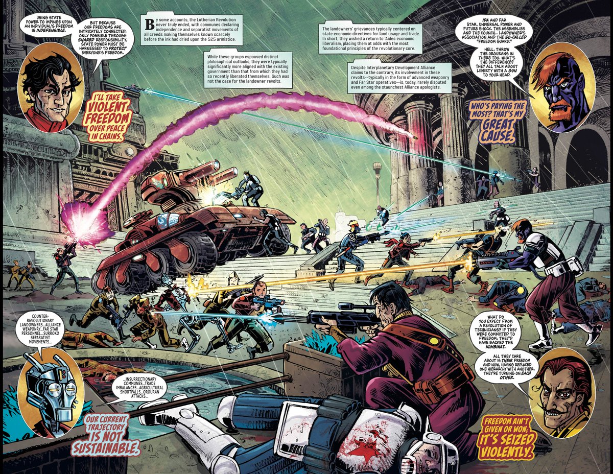aubreysitterson's tweet image. A violent insurgency is storming the capital; the counterrevolution has hit FREE PLANET. The Freedom Guard has responded in force but can they justify turning their weapons on their former compañeres?
FREE PLANET #4 lands August 13.
Full preview: bit.ly/FreePlanet4