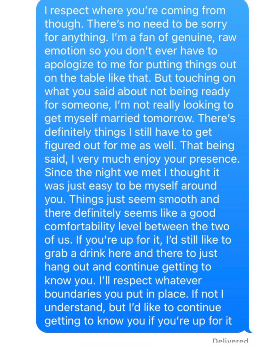 4 years ago to the day, I sent this text to a girl I was pursuing at the time. 

We hung out the night before and she texted me in the morning that she wasn’t ready for anything. 

I earned myself a second date. 

This past December, I married that girl. 

We’re expecting our