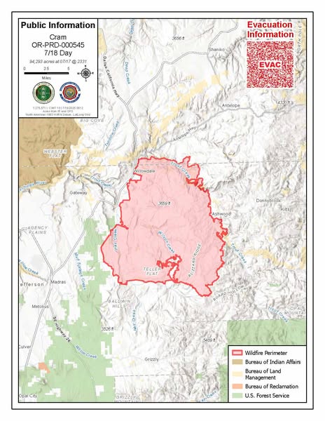 OSFM's tweet image. Our incident information blog, osfminfo.org, is updated with the latest on the #CramFire.
The fire is 94,293 acres and a community meeting will be held tonight at 5:30 at Jefferson County Middle School.