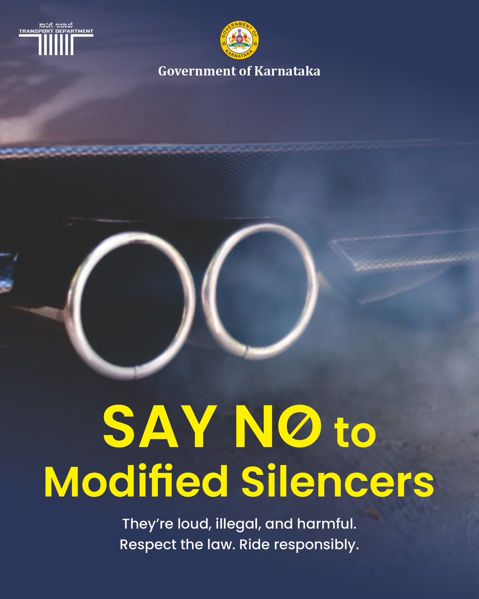 tdkarnataka's tweet photo. Modified silencers are illegal and harmful to the environment! 🚫

Avoid using modified silencers.
Follow the law, ride responsibly.

#RideResponsibly #NoModifiedSilencers #SafeDriving #TrafficAwareness #PollutionFree #RoadSafety #TransportDeptKarnataka

@CMofKarnataka  @RLR_BTM  @MORTHIndia