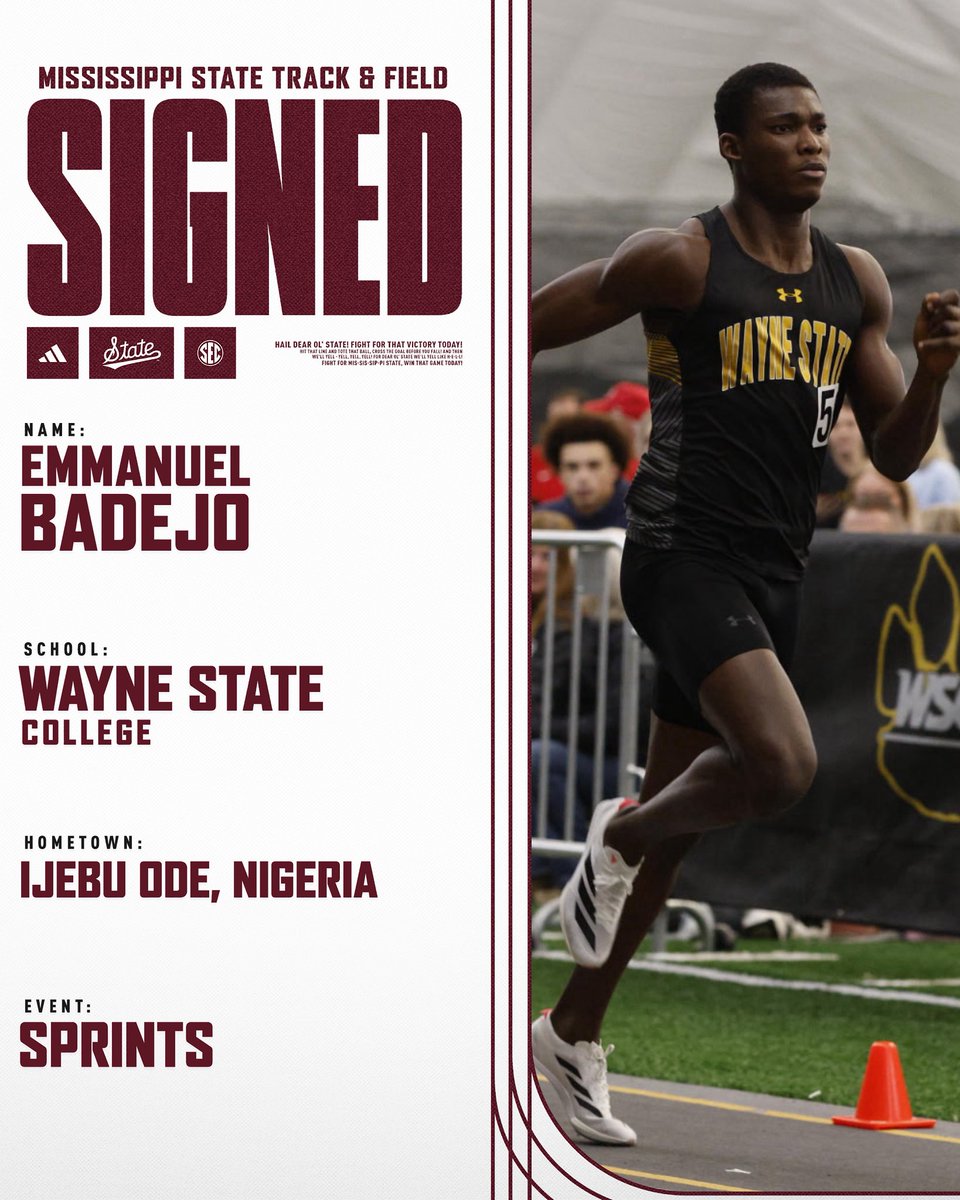 HailStateTF's tweet image. Our newest signee is Emmanuel Badejo‼️
The 2025 DII All-American in the 400m has decided to call 𝐒𝐓𝐀𝐑𝐊𝐕𝐄𝐆𝐀𝐒 home🔥
#HailState🐶