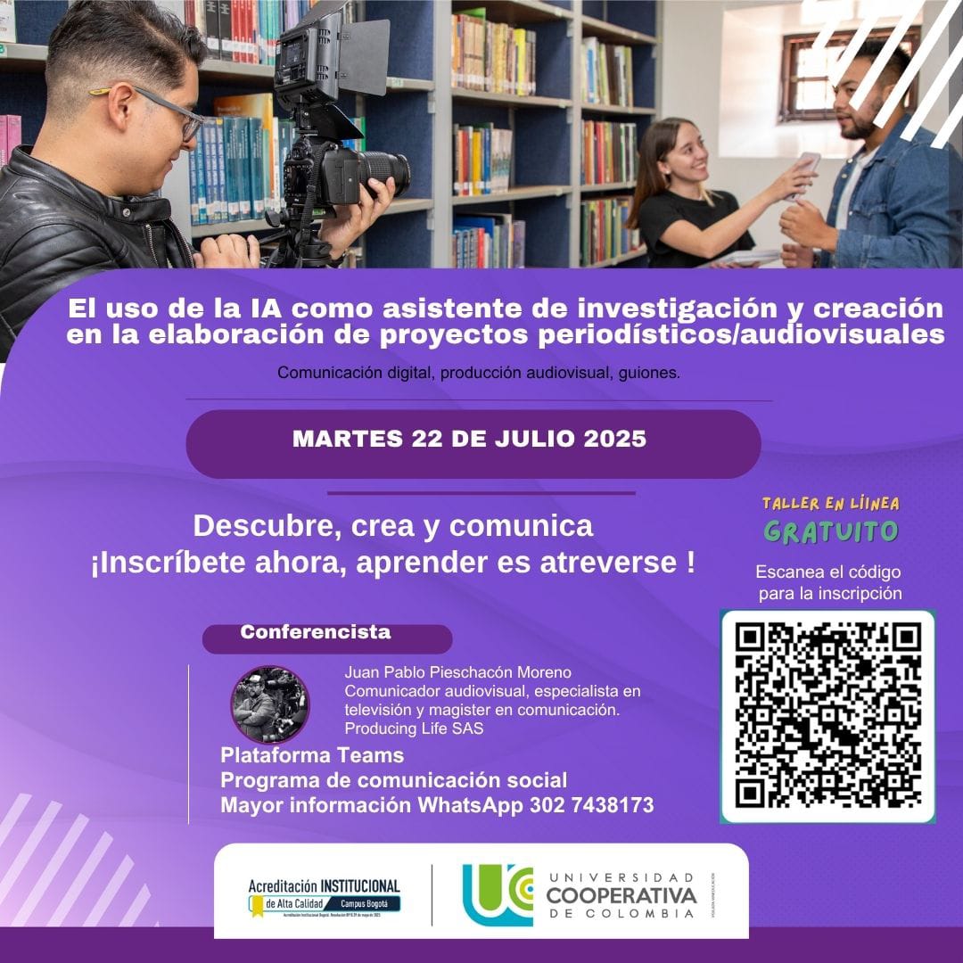 ucooperativabog's tweet photo. ¿Te interesa la inteligencia artificial? 🔍

Inscríbete a “El uso de la IA como asistente de investigación y creación en proyectos periodísticos y audiovisuales”.

📅 Martes 22 de julio | 🕒 3:00 p. m. a 4:00 p. m. | Vía Teams

👉🔗https://t.co/KAHi7XCXGW

👉WA 302 7438173 https://t.co/5R8fIif8bH
