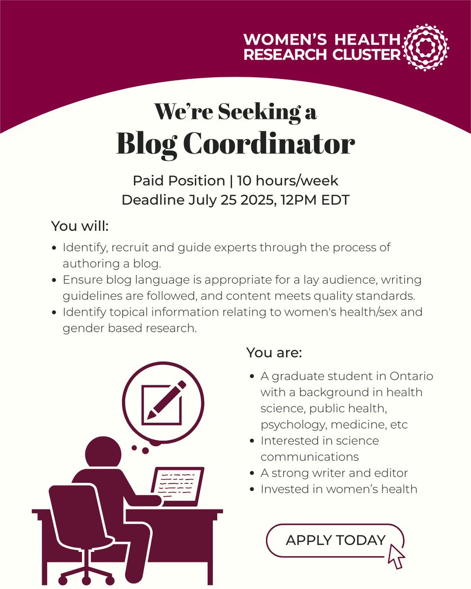 ResearchonWH's tweet image. We’re hiring a Blog Coordinator (paid, 10 hrs/wk) to turn women’s health research into accessible health info. Ontario grad students in health fields, this one’s for you!
Starts Sept │ Deadline July 25, 12 PM EDT.
Apply → ow.ly/e5Fj50WrVGJ
#Hiring #SciComm