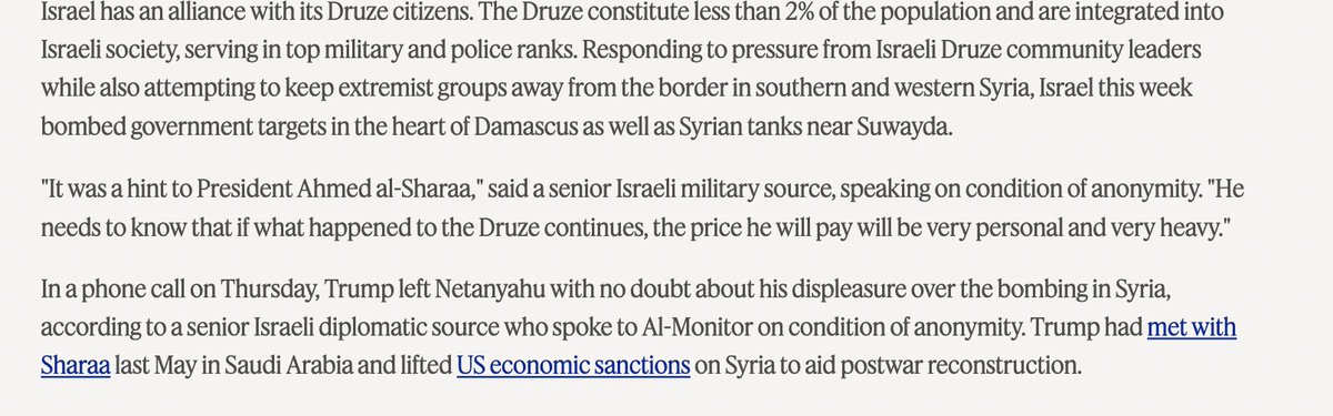 ElizHagedorn's tweet image. Senior Israeli military source tells @BenCaspit Israel's strikes in Damascus were a warning to Sharaa.
"He needs to know that if what happened to the Druze continues, the price he will pay will be very personal and very heavy."
al-monitor.com/originals/2025…