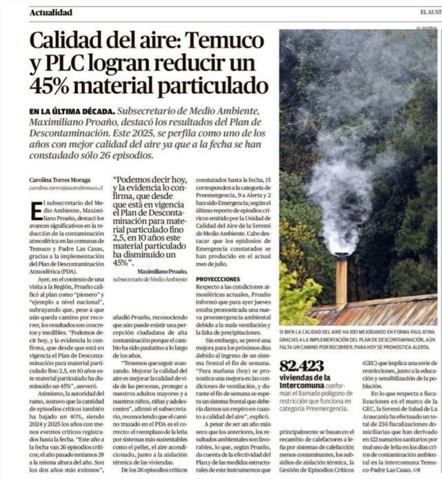 MMAChile's tweet image. "Tenemos que seguir avanzando. Mejorar la calidad del aire es mejorar la calidad de vida de las personas", 🎙️ fue parte de los temas que destacó el subsecretario Maximiliano Proaño en entrevista con 🗞️ El Austral de Temuco, tras su visita a la región de la Araucanía.
