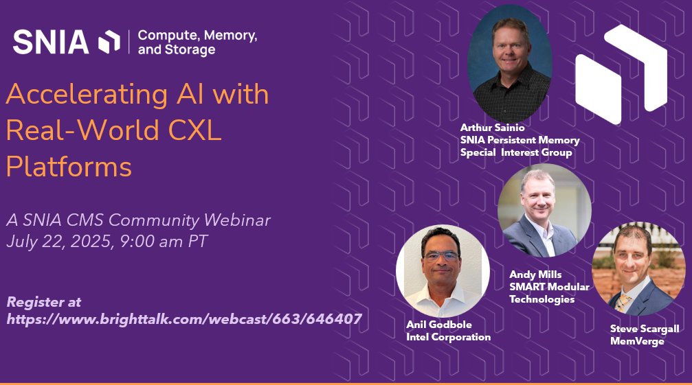 Register for the <a href="/SNIA/">SNIA</a> hosted “Accelerating AI with Real-World CXL Platforms” webinar to learn from #ComputeExpressLink (#CXL) experts about real-world applications and customer platforms using CXL and explore benchmarks for CXL performance and latency: bit.ly/44CnfIb