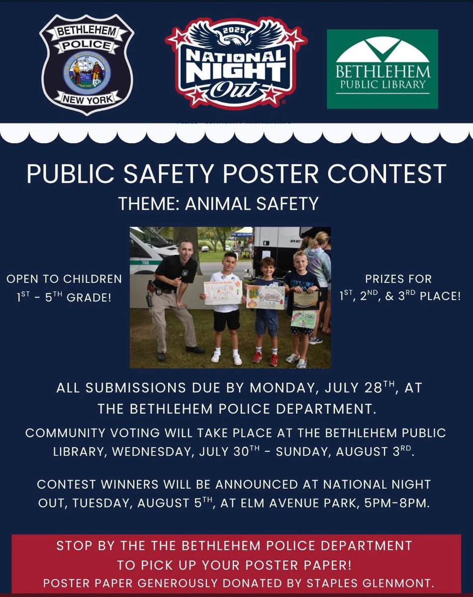 ATTENTION BETHLEHEM KIDS AND PARENTS!!! The Annual Public Safety Poster Contest is already underway! 

This year's theme is "Animal Safety", which is important to everyone. 

More details below: