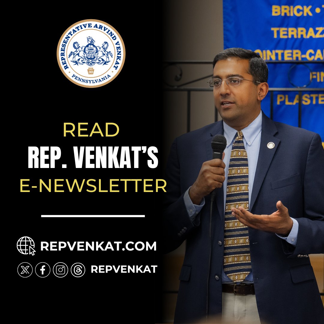 RepVenkat's tweet image. Check out my e-newsletter to read about:
· State budget update – and other House votes
· Celebrating student talent.
· Resources to help veterans connect.
· New cultural and historical support grants & more!
pahouse.com/venkat/EmailAr…