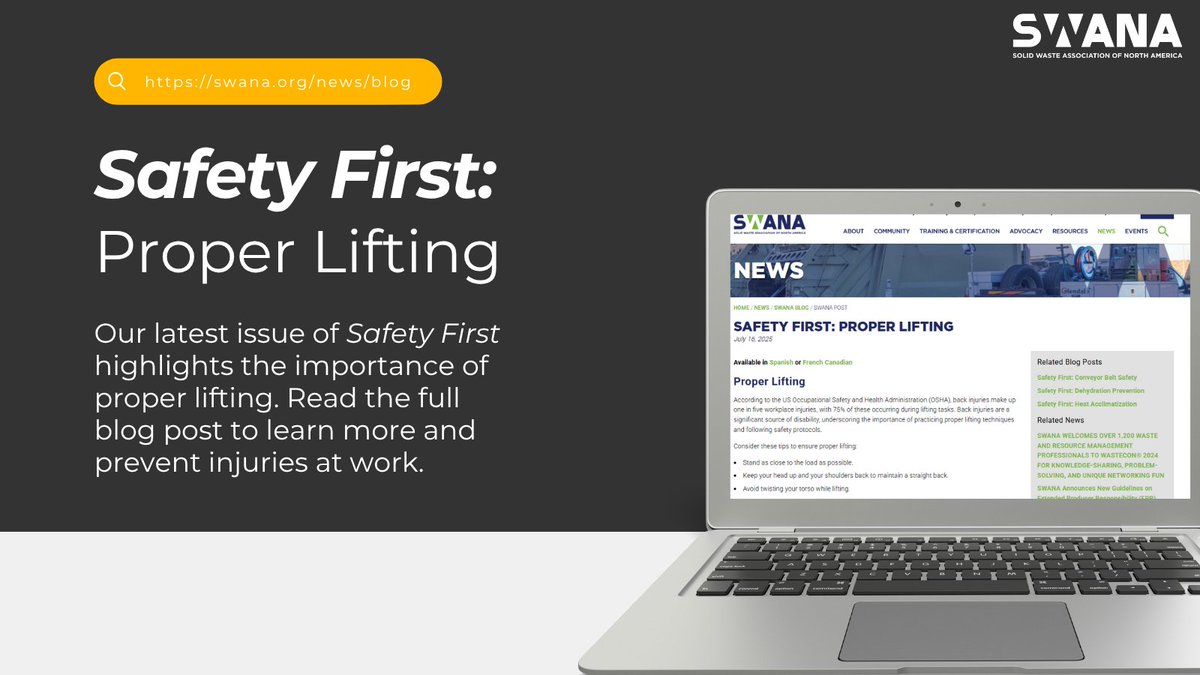 Per <a href="/OSHA_DOL/">OSHA_DOL</a>, back injuries account for 1 in 5 workplace injuries. Learn proper lifting techniques in SWANA’s latest issue of Safety First to help protect yourself &amp; your team.

📖 bit.ly/40YwsYR

#SWANA #SafetyFirst #InjuryPrevention