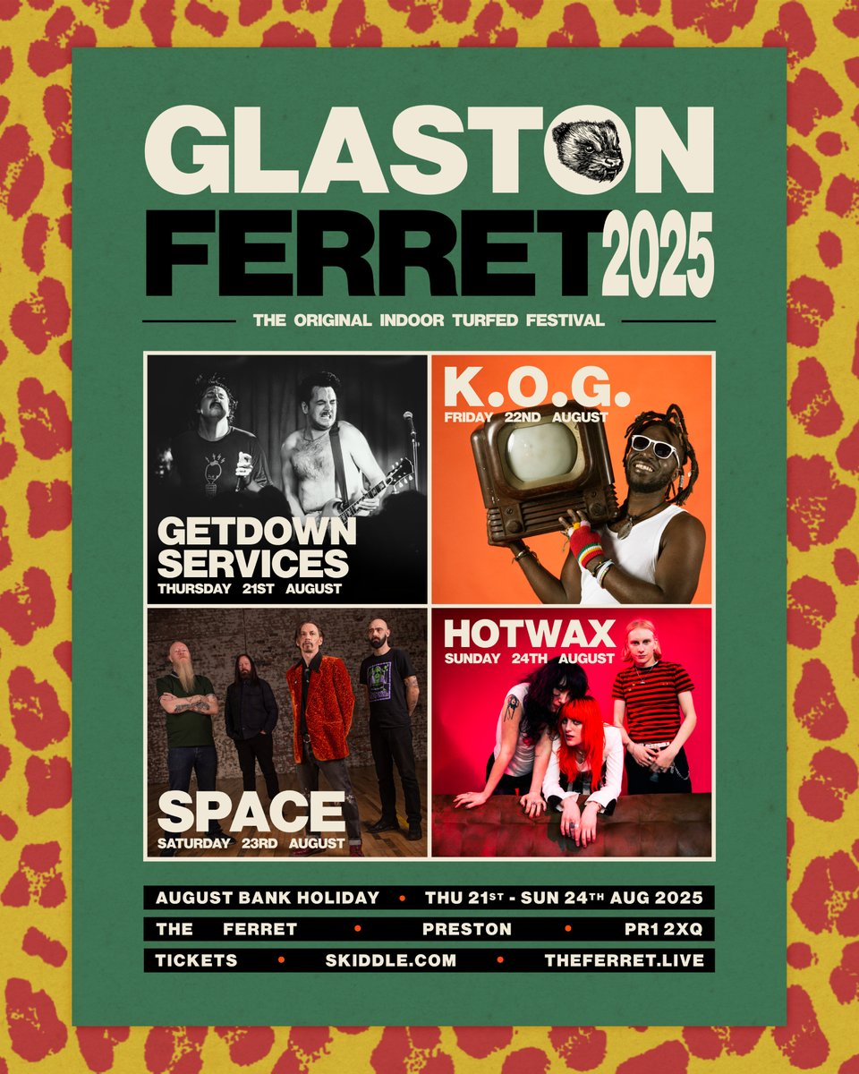 FerretPreston's tweet image. ICYMI: we announced our 4 headliners for #GLASTONFERRET 2025 + there are 40 more acts to come! Get your tickets early, as this year is looking like a belter!
Thu 21st Aug: Getdown Services
Fri 22nd: K.O.G
Sat 23rd: @spacetheband
Sun 24th: @hotwaxbandd
theferret.live