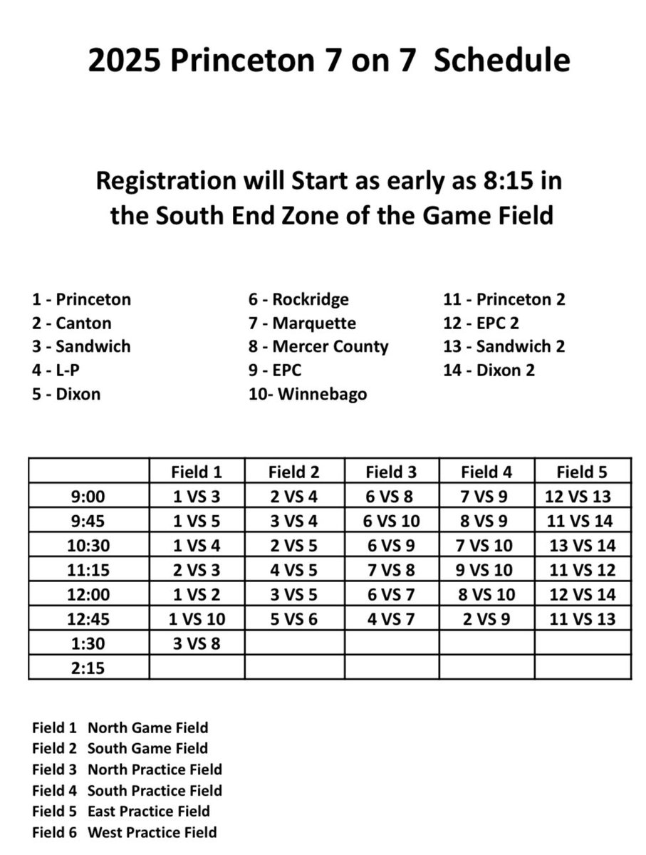 PHSTigerFB's tweet image. 8th Annual Princeton 7 on 7/Lineman Challenge schedule for tomorrow, Sat. July, 19th.